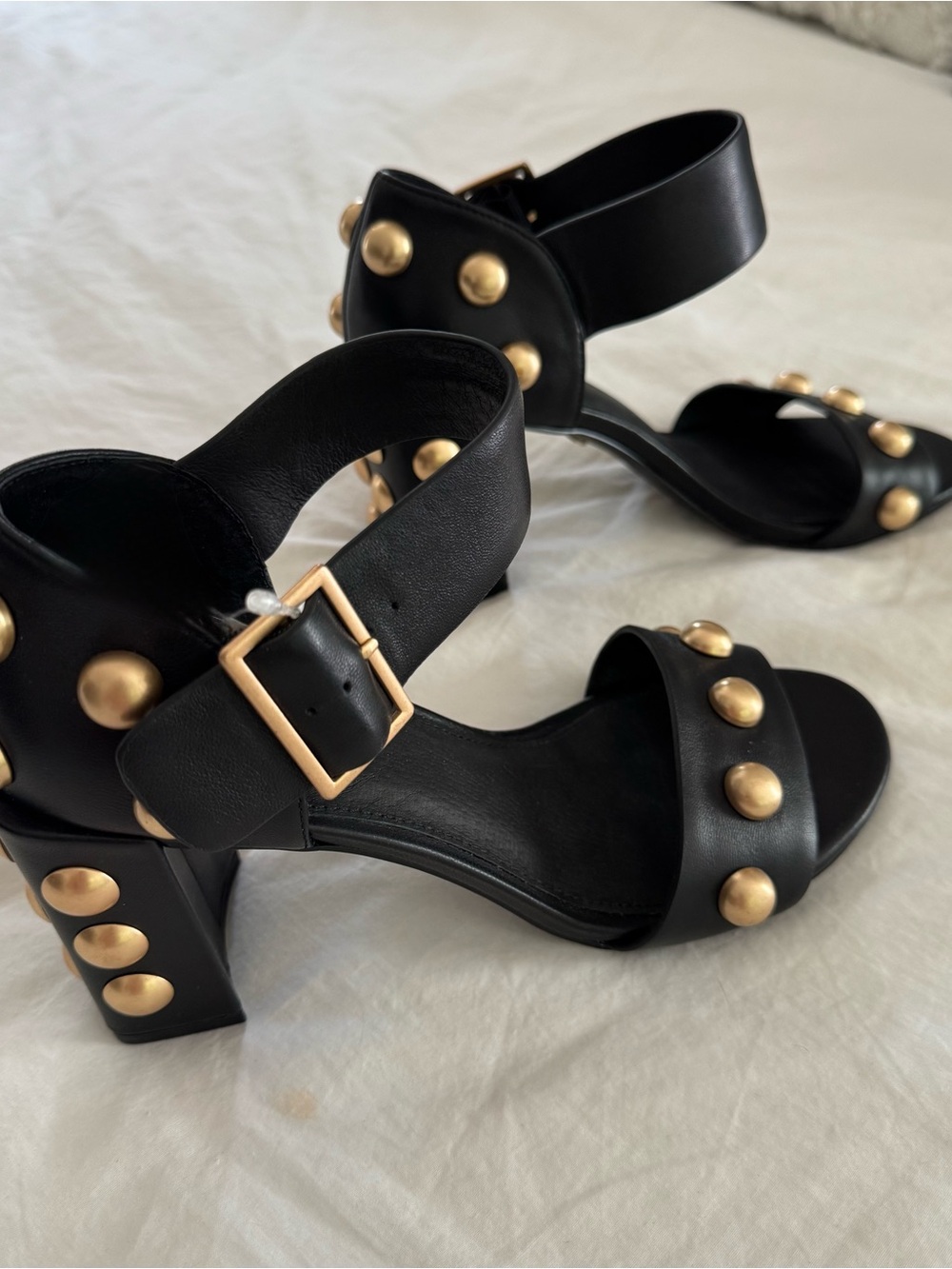 CECELIA NEW YORK Black Leather Studded Block Heel Sandals with Gold Accents